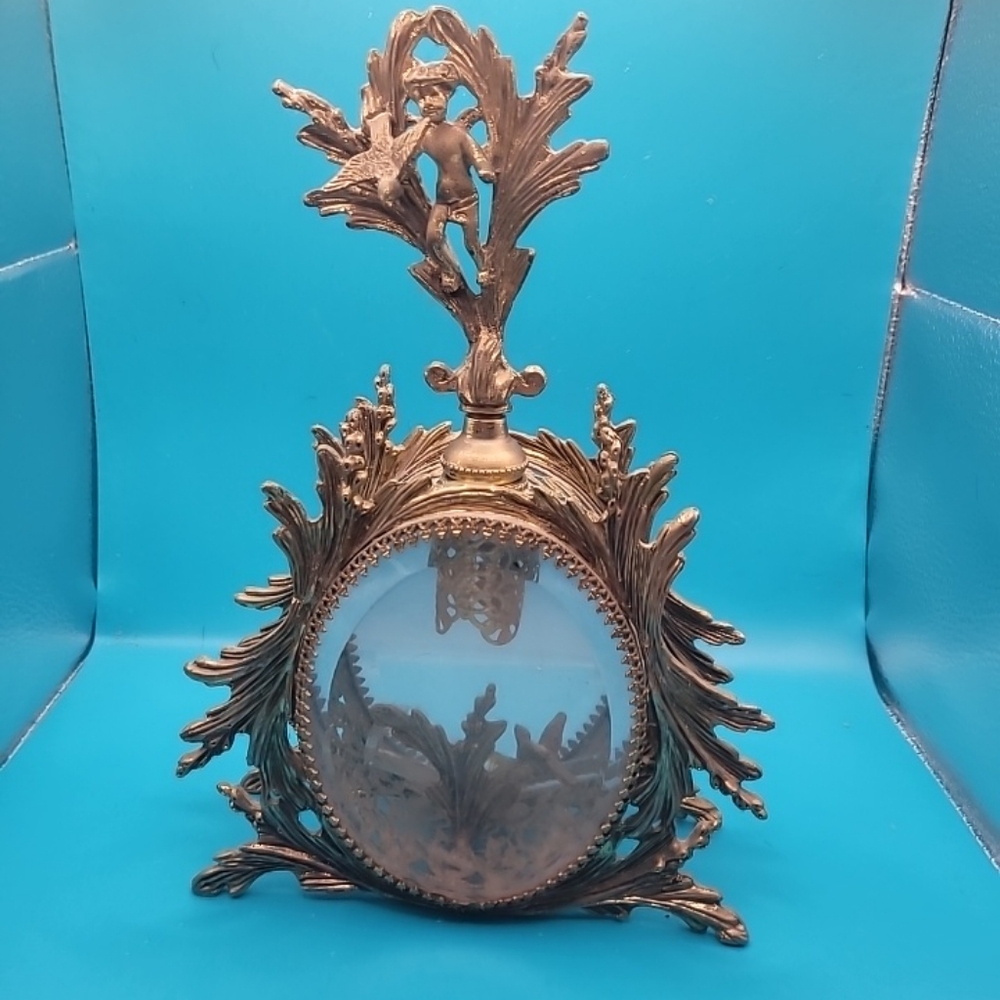 Antique Glass Perfume Bottle Cherub Ormolu Matson Gilded Gold Metal